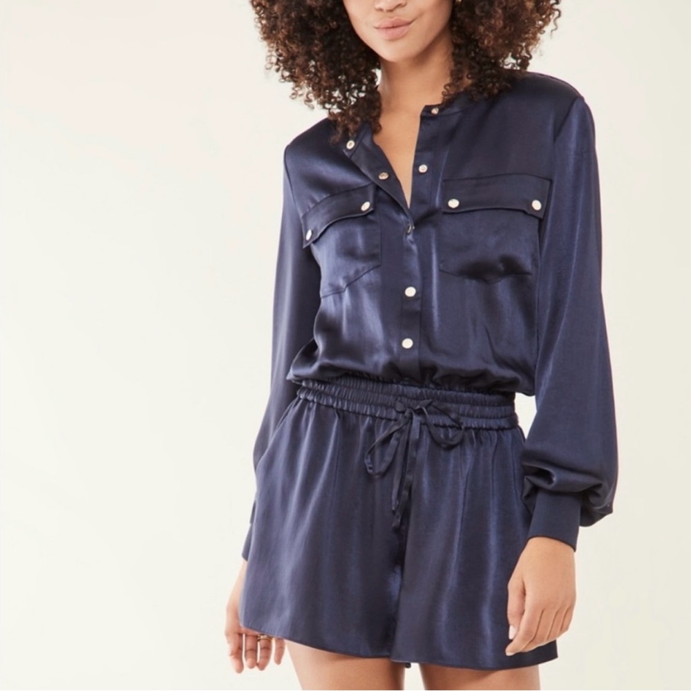 Ramy Brook Navy Satin Button-Up Romper Small